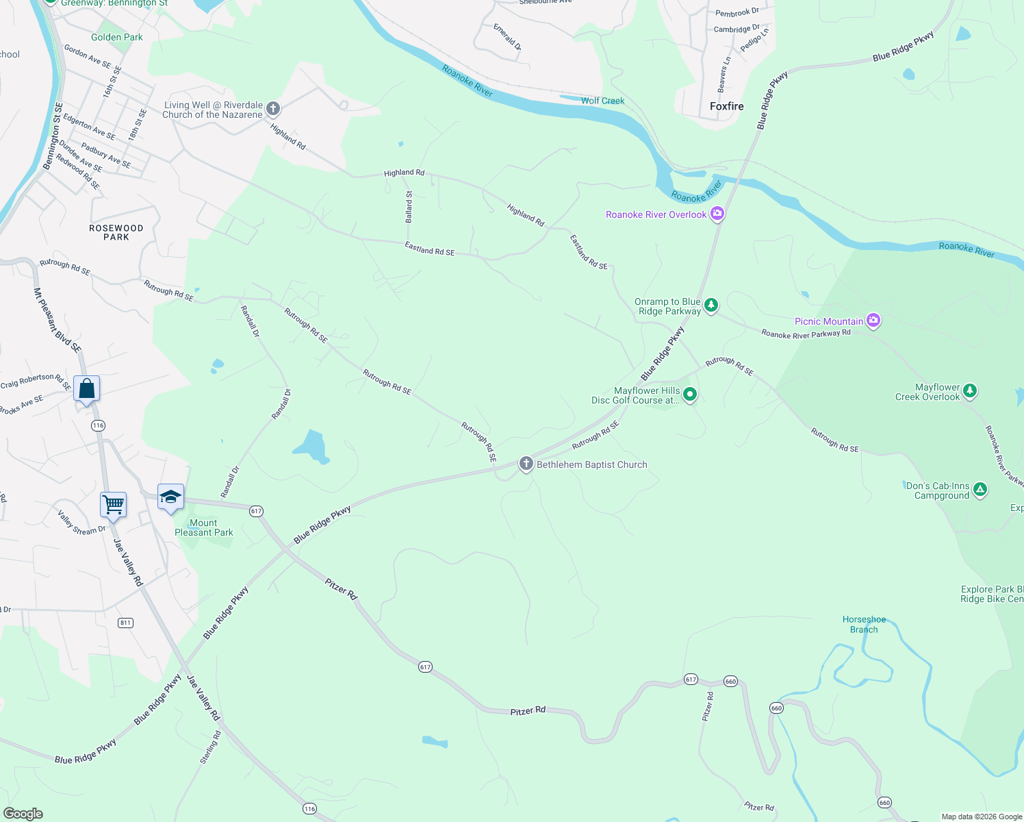 map of restaurants, bars, coffee shops, grocery stores, and more near 2840 Sha-Al Rd in Roanoke