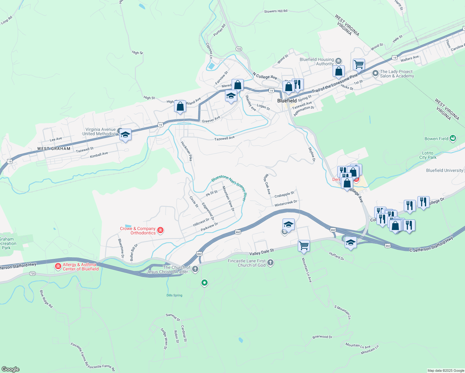 map of restaurants, bars, coffee shops, grocery stores, and more near 401-409 Parkdale Drive in Bluefield