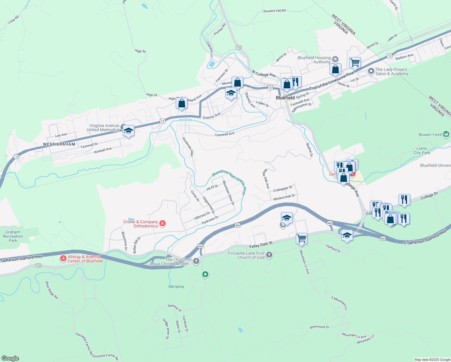 map of restaurants, bars, coffee shops, grocery stores, and more near 401 Park Dale Drive in Bluefield