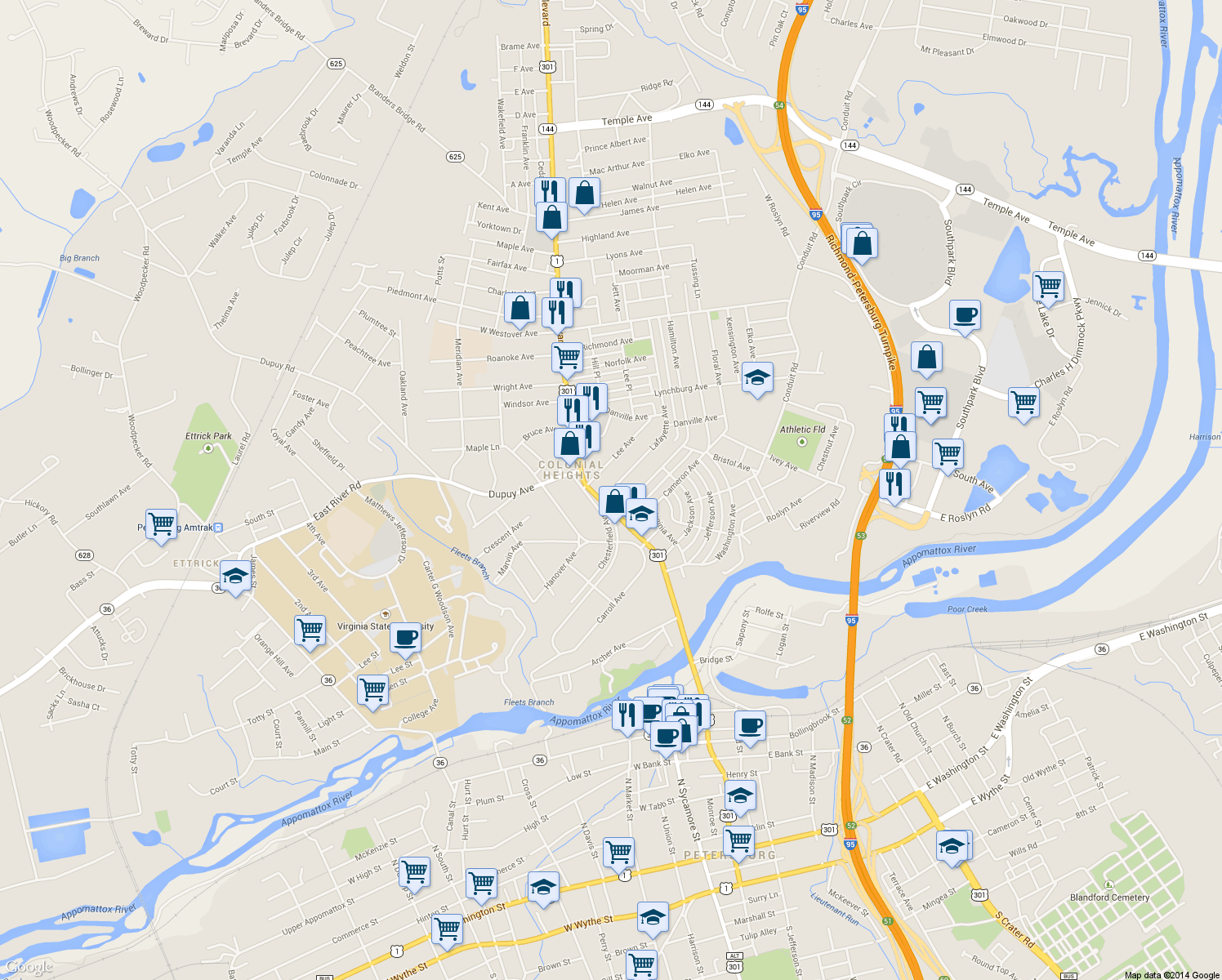 map of restaurants, bars, coffee shops, grocery stores, and more near 110 Lafayette Avenue in Colonial Heights