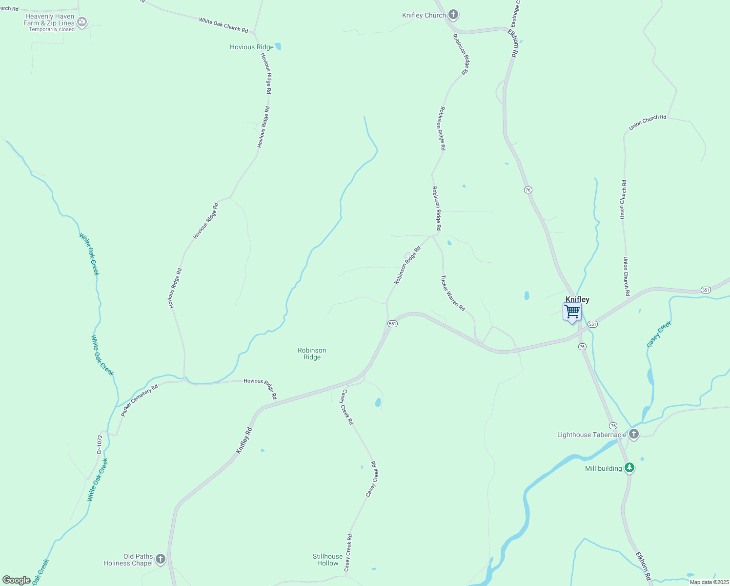 map of restaurants, bars, coffee shops, grocery stores, and more near 225 Robinson Ridge Road in Knifley