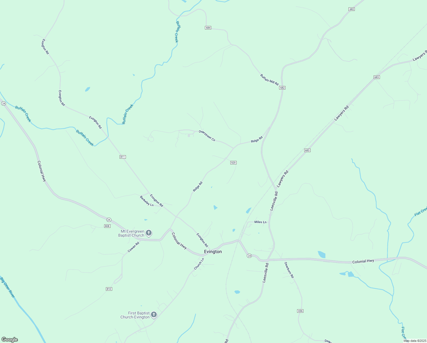 map of restaurants, bars, coffee shops, grocery stores, and more near 642 Ridge Road in Evington