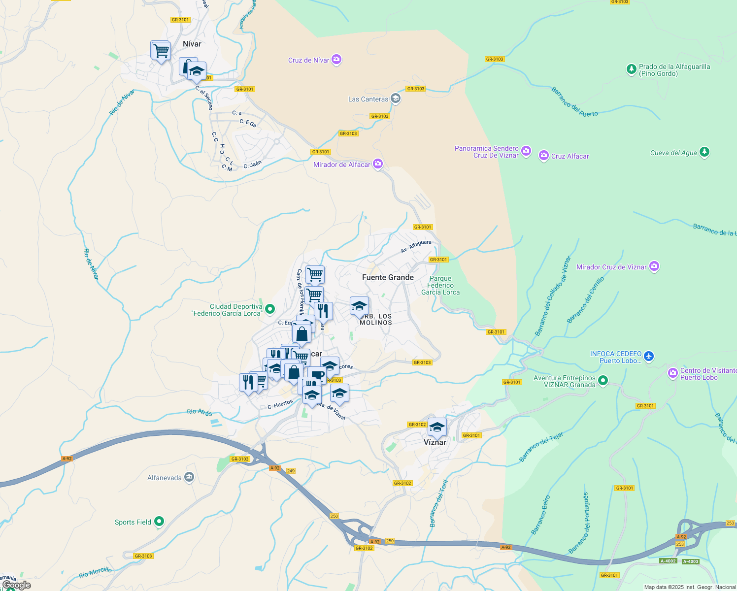 map of restaurants, bars, coffee shops, grocery stores, and more near 152 Avenida Alfaguara in Fuente Grande