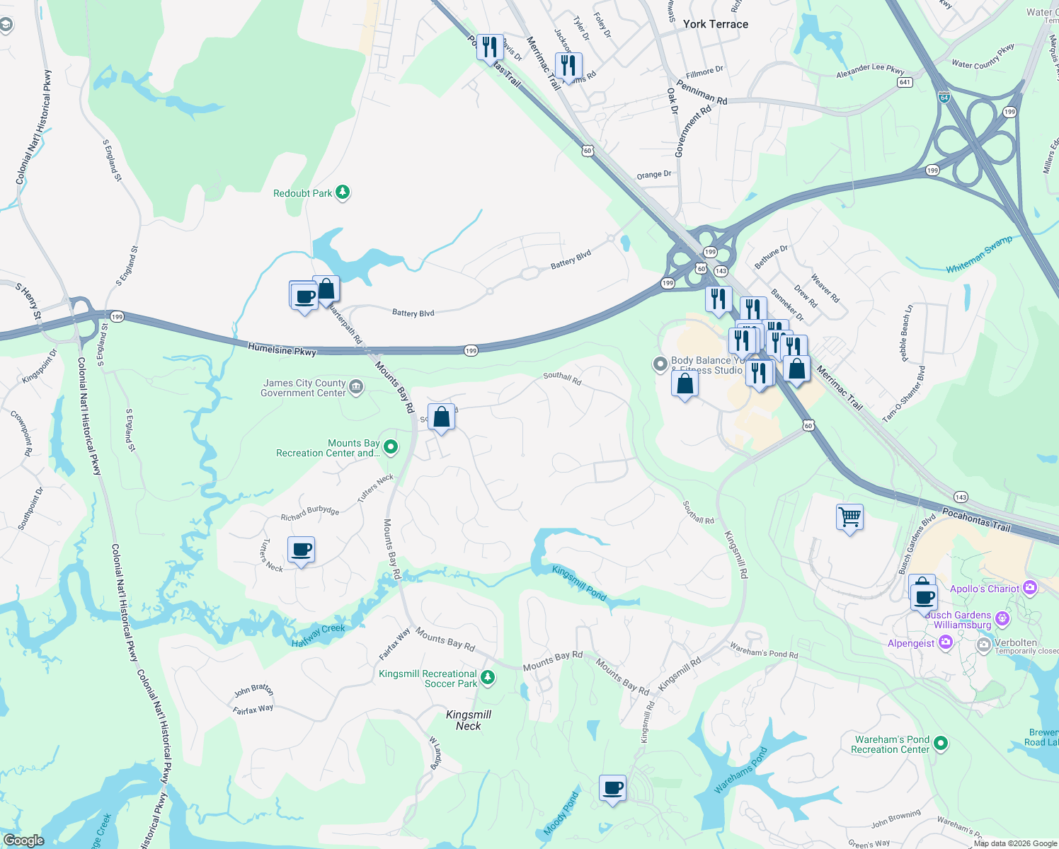 map of restaurants, bars, coffee shops, grocery stores, and more near 124 Holdsworth Road in Williamsburg
