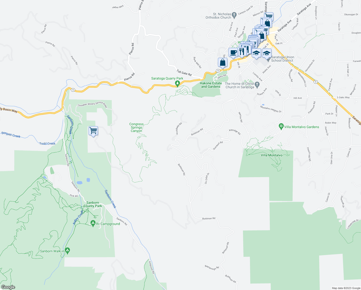 map of restaurants, bars, coffee shops, grocery stores, and more near 15499 Bohlman Road in Saratoga