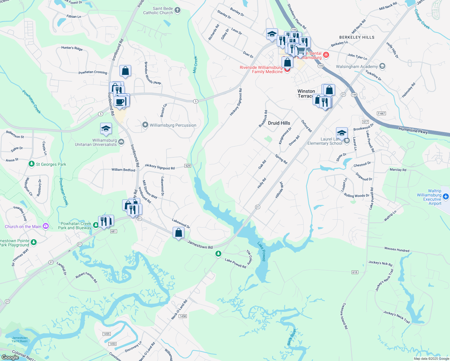 map of restaurants, bars, coffee shops, grocery stores, and more near 125 W Kingswood Dr in Williamsburg