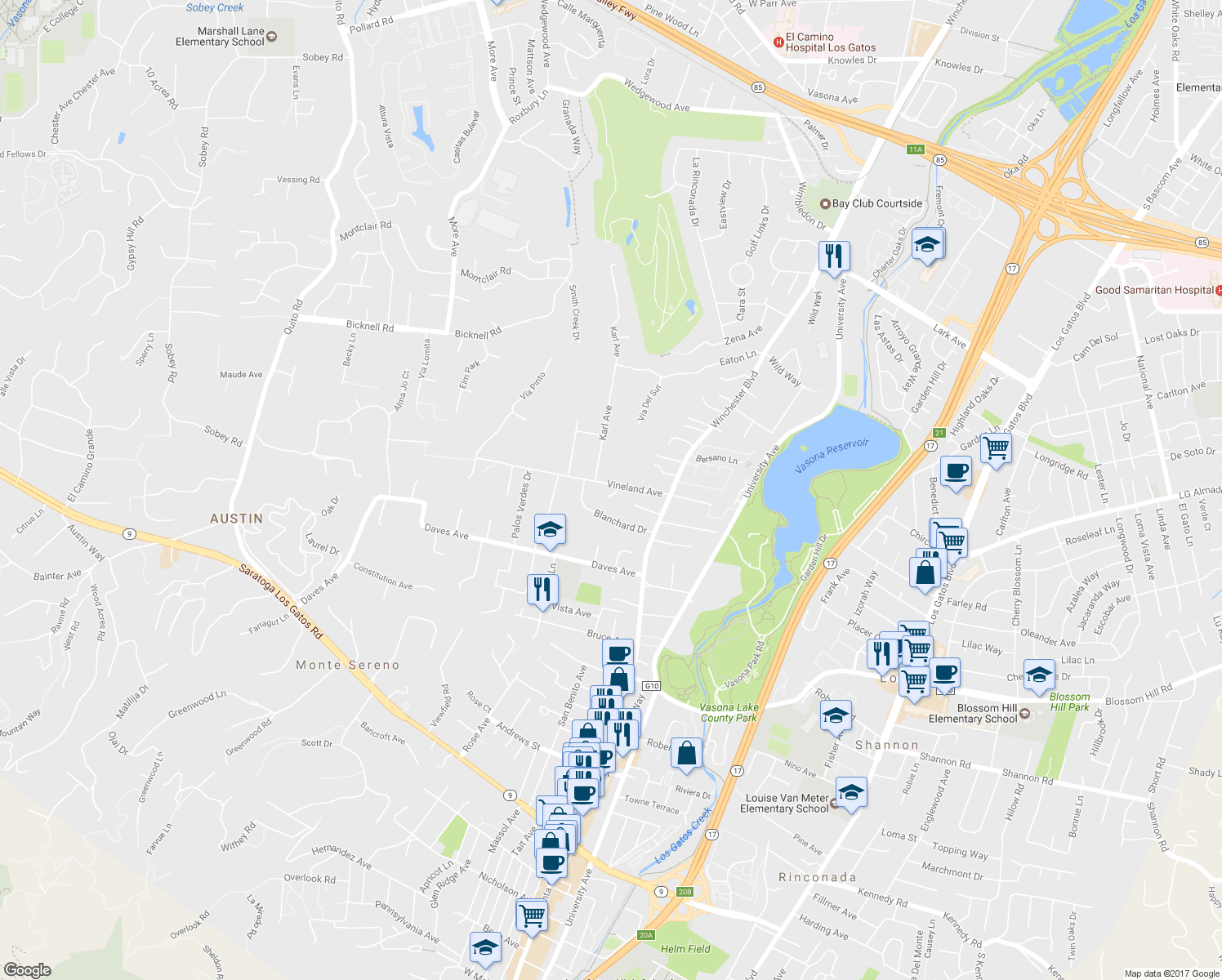 map of restaurants, bars, coffee shops, grocery stores, and more near 17636 Vineland Court in Monte Sereno