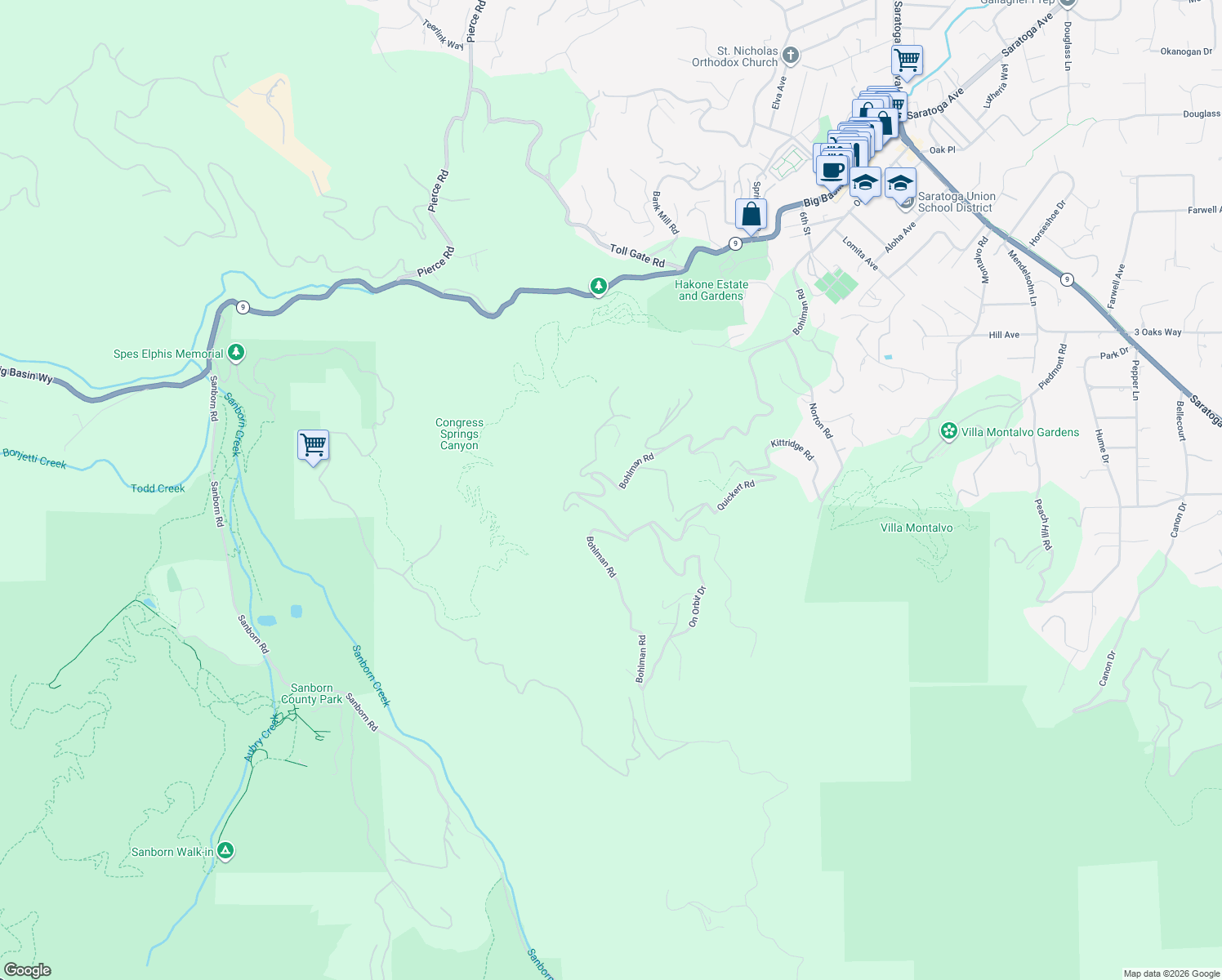 map of restaurants, bars, coffee shops, grocery stores, and more near 15499 Bohlman Road in Saratoga