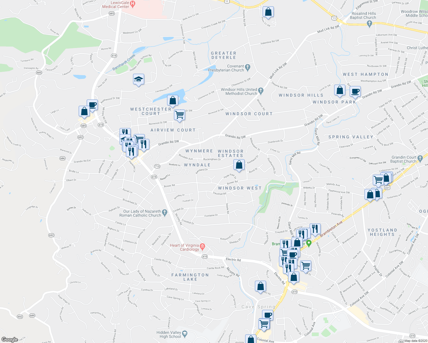map of restaurants, bars, coffee shops, grocery stores, and more near 3814 Kentland Drive in Roanoke