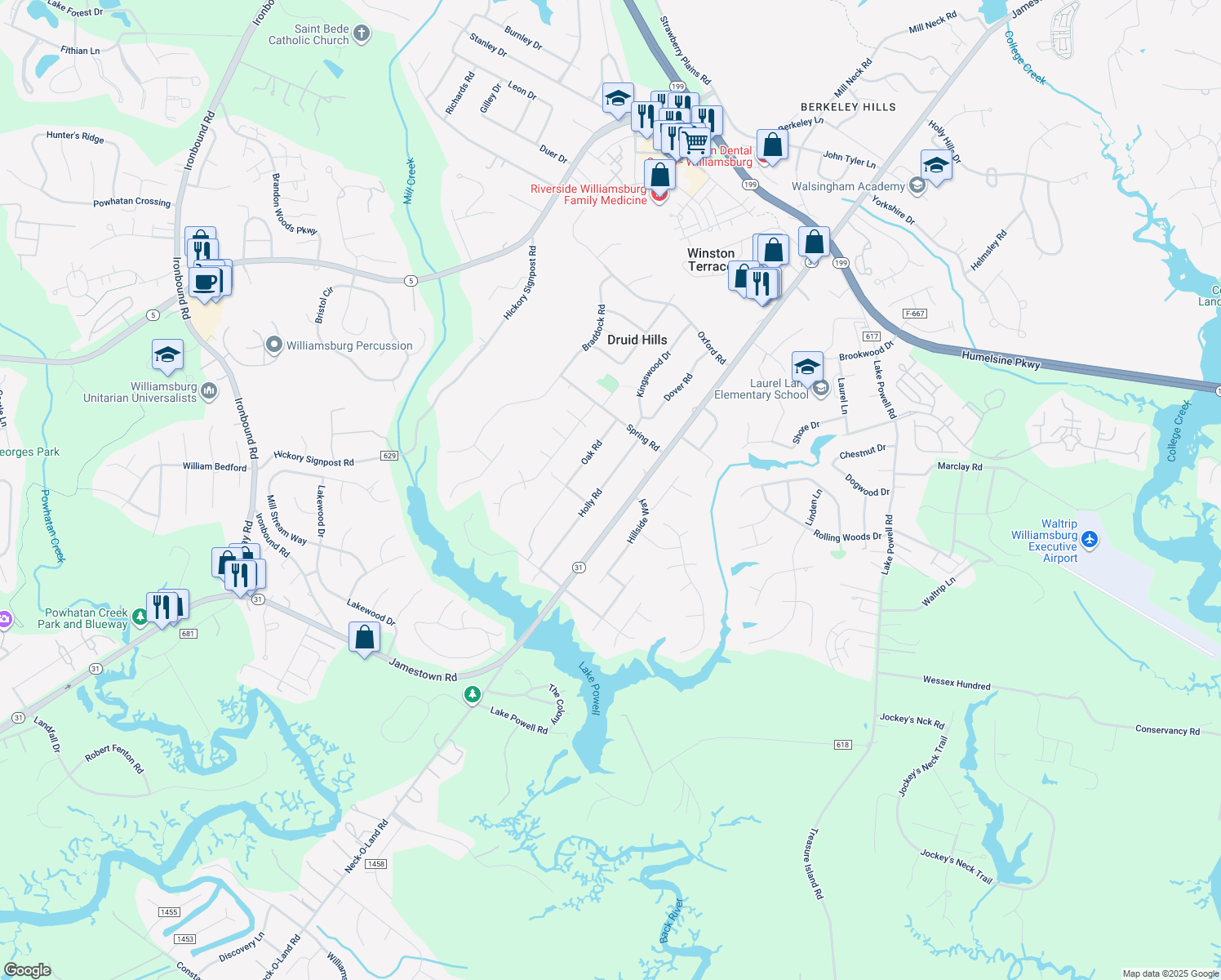 map of restaurants, bars, coffee shops, grocery stores, and more near 110 Holly Road in Williamsburg