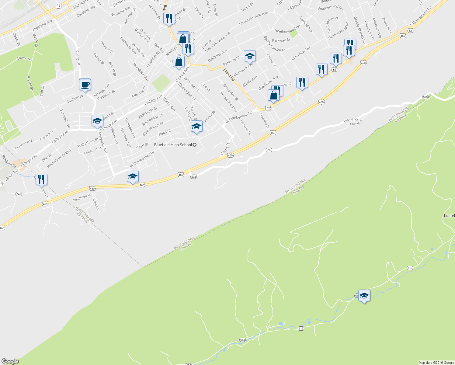 map of restaurants, bars, coffee shops, grocery stores, and more near Paragon Jewell in Bluefield