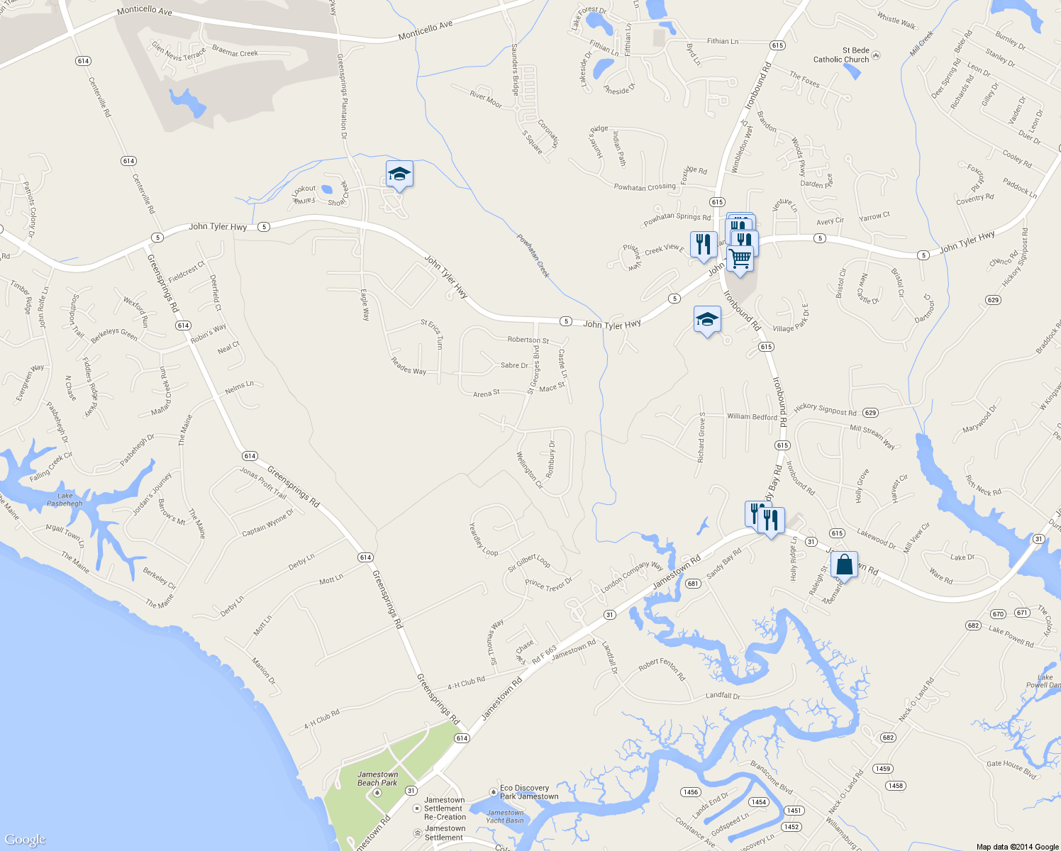 map of restaurants, bars, coffee shops, grocery stores, and more near 103 Wellington Circle in Williamsburg
