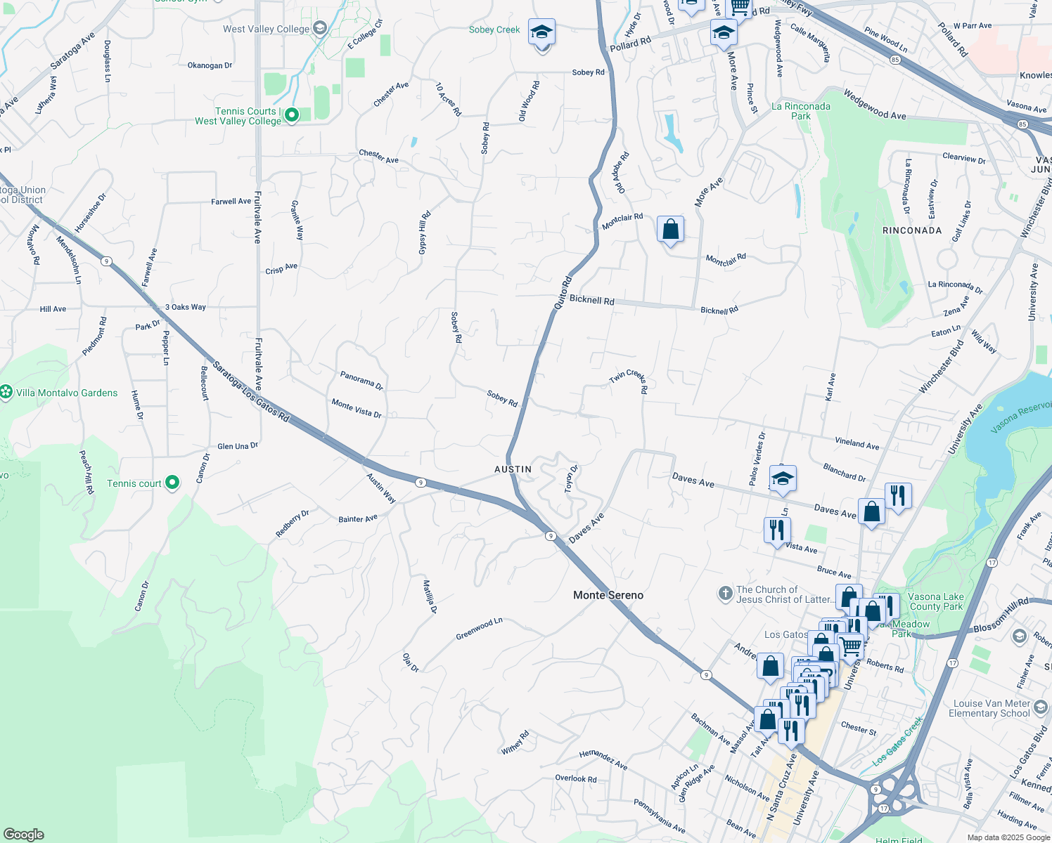 map of restaurants, bars, coffee shops, grocery stores, and more near 15390 Quito Road in Saratoga