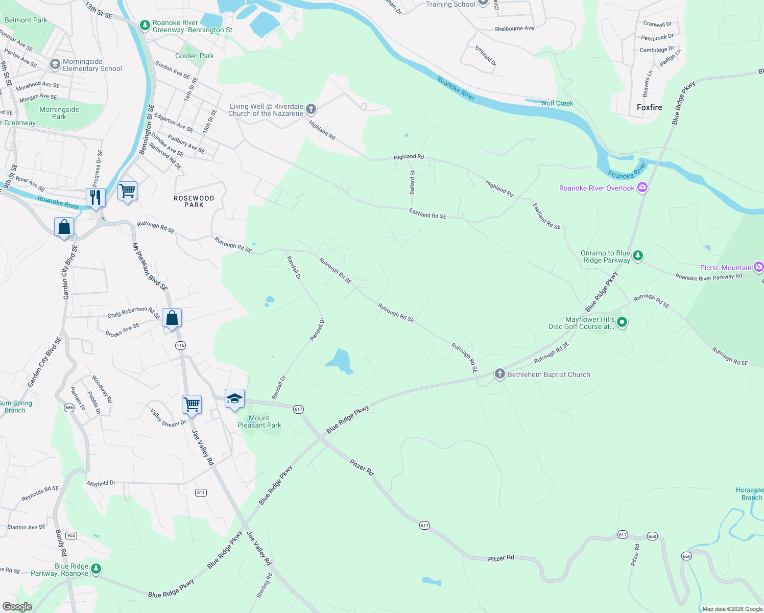 map of restaurants, bars, coffee shops, grocery stores, and more near 2603 Rutrough Rd SE in Roanoke