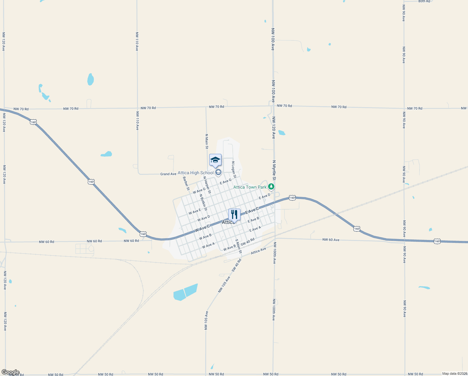 map of restaurants, bars, coffee shops, grocery stores, and more near E Ave F in Attica