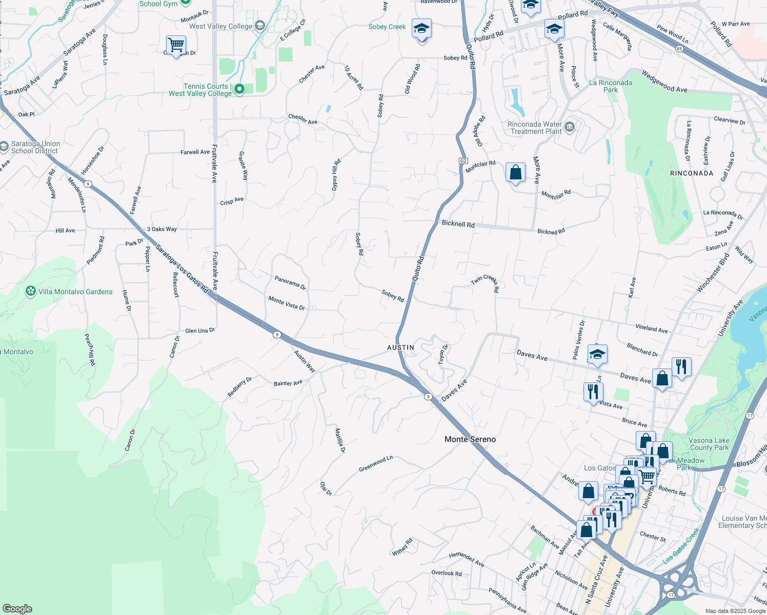 map of restaurants, bars, coffee shops, grocery stores, and more near 15283 Sobey Road in Saratoga