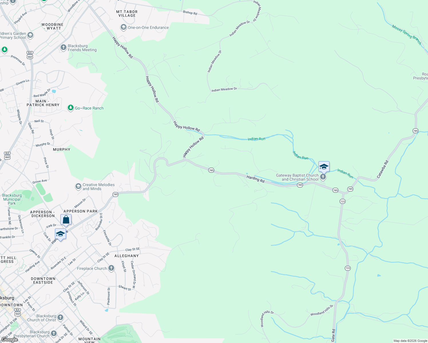 map of restaurants, bars, coffee shops, grocery stores, and more near 1768 Harding Rd in Blacksburg