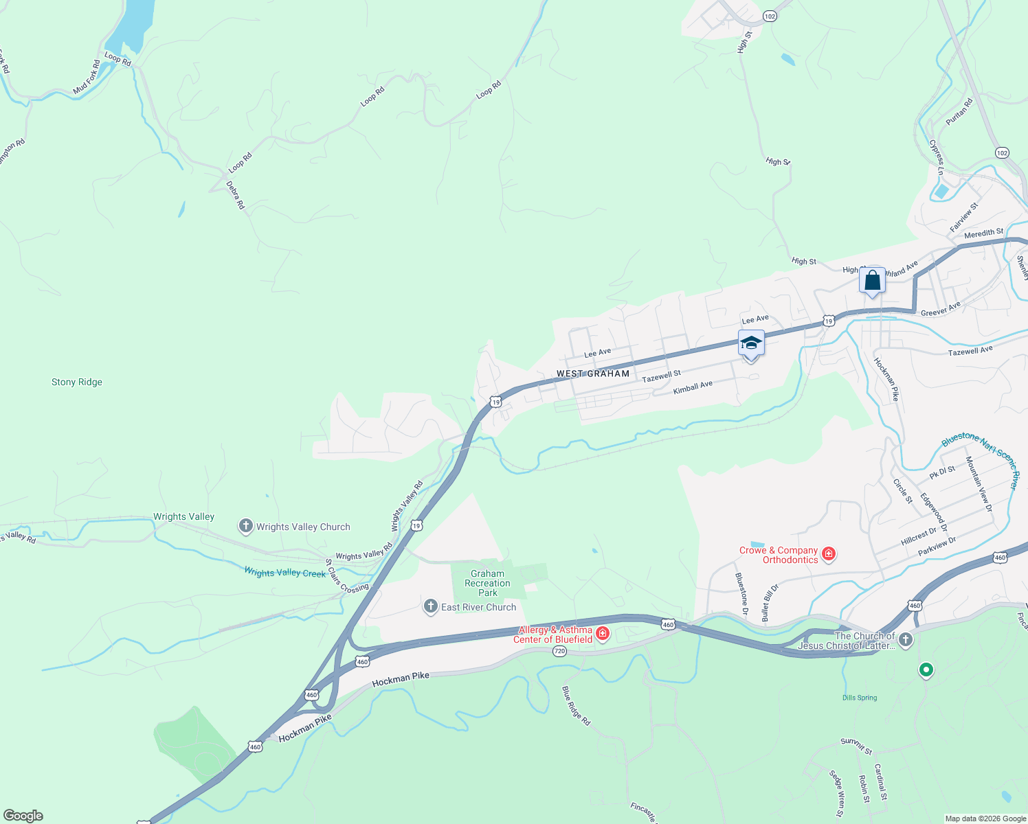 map of restaurants, bars, coffee shops, grocery stores, and more near 162 Lovelane Street in Bluefield
