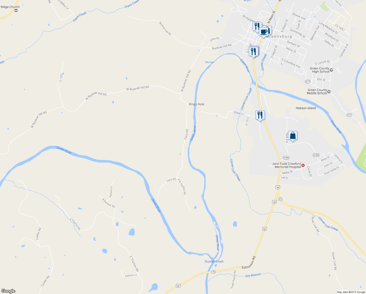 map of restaurants, bars, coffee shops, grocery stores, and more near Ferry Road in Greensburg
