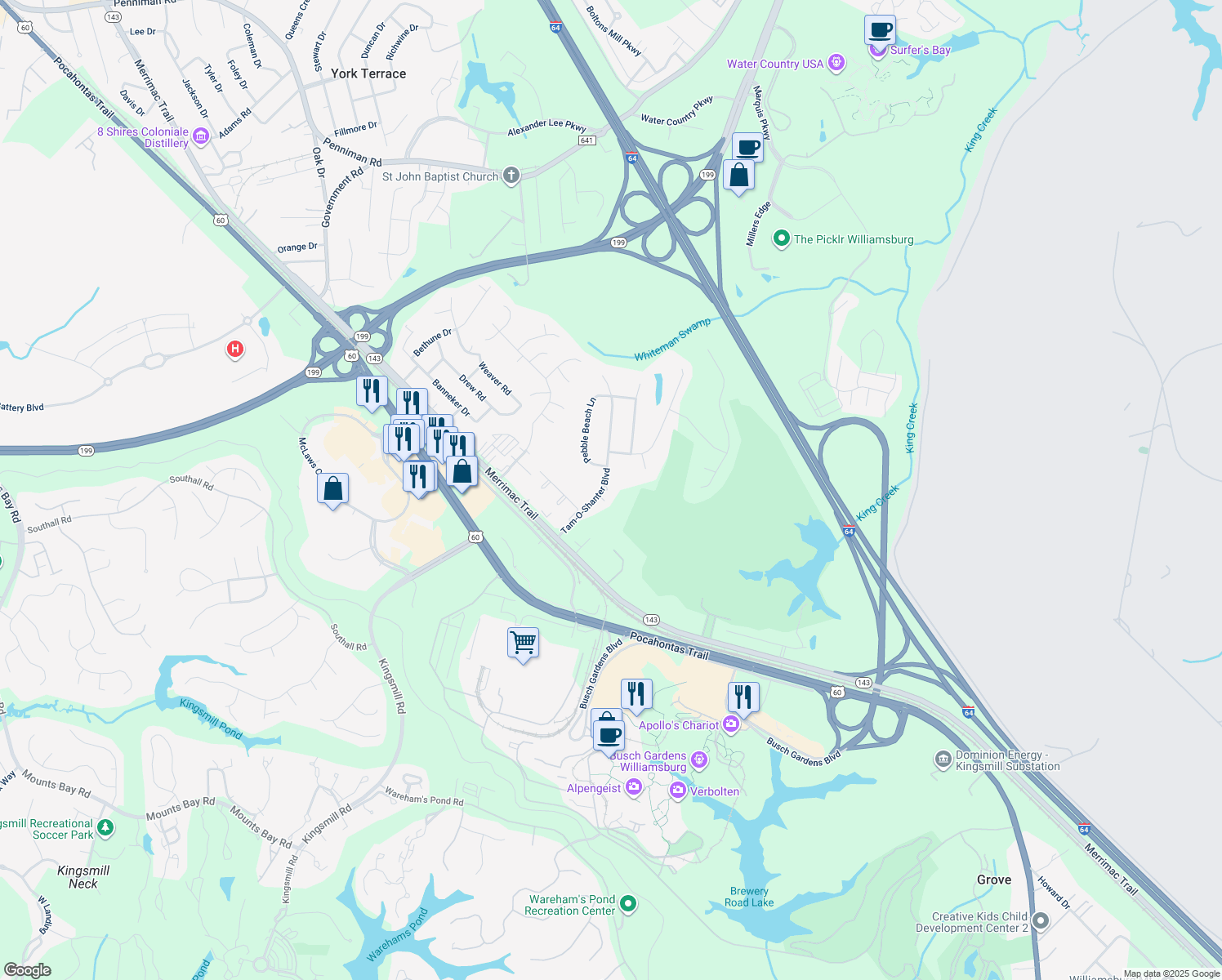 map of restaurants, bars, coffee shops, grocery stores, and more near 403 Tam-O-Shanter Boulevard in Williamsburg