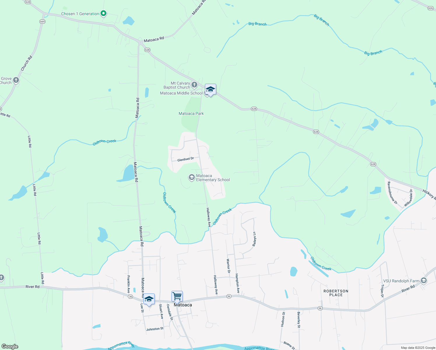 map of restaurants, bars, coffee shops, grocery stores, and more near 5942 Ferintosh Lane in Petersburg