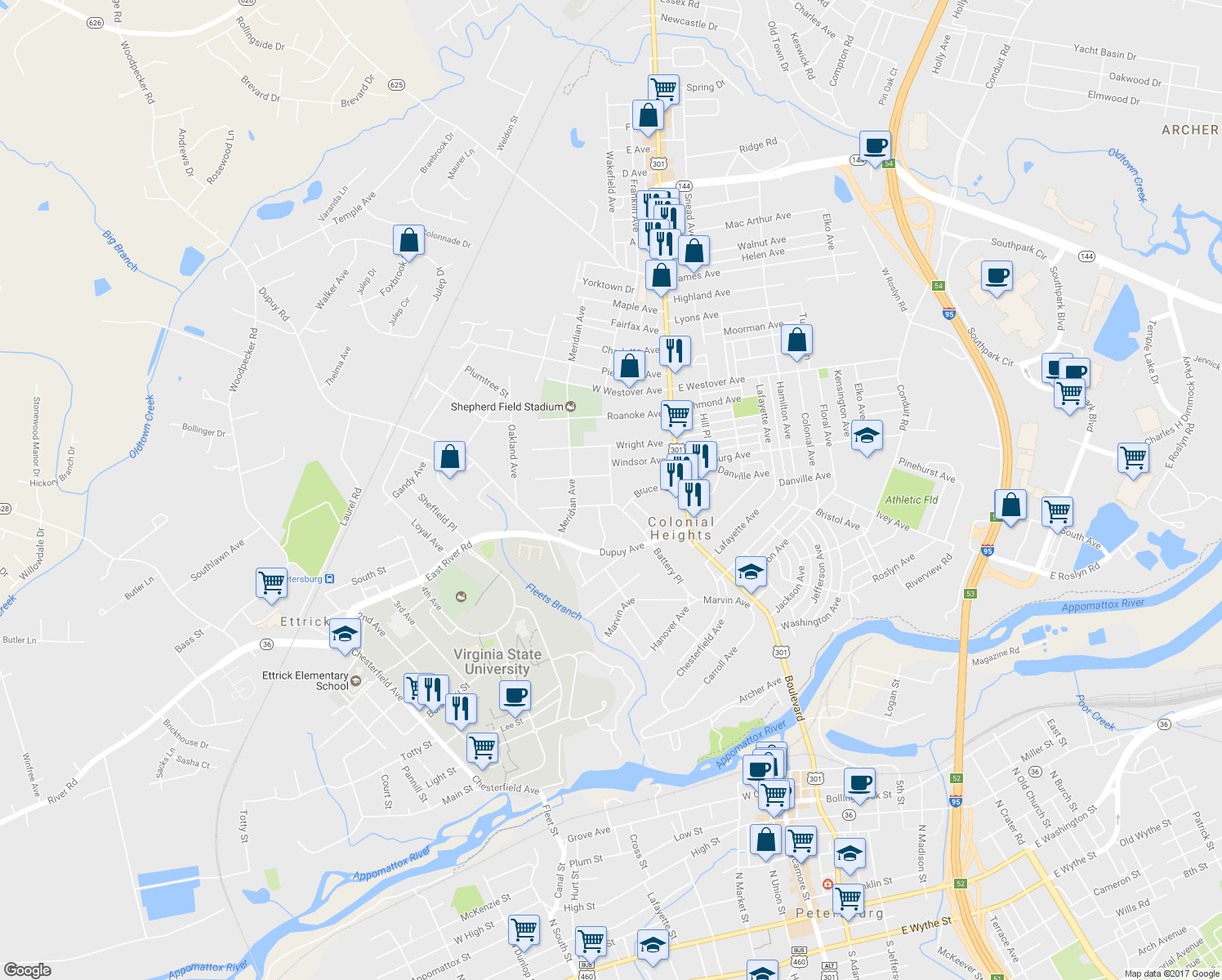 map of restaurants, bars, coffee shops, grocery stores, and more near 650 Battery Place in Colonial Heights
