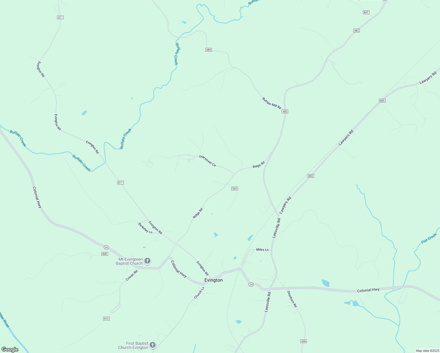 map of restaurants, bars, coffee shops, grocery stores, and more near 485 Ridge Road in Evington