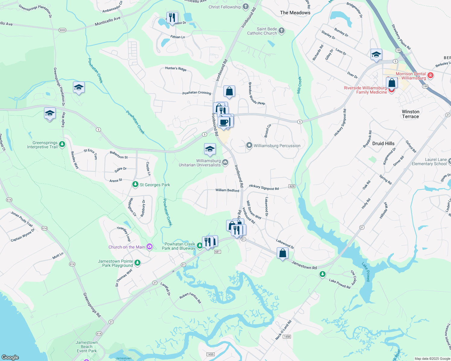 map of restaurants, bars, coffee shops, grocery stores, and more near 2908 Richard Pace North in Williamsburg