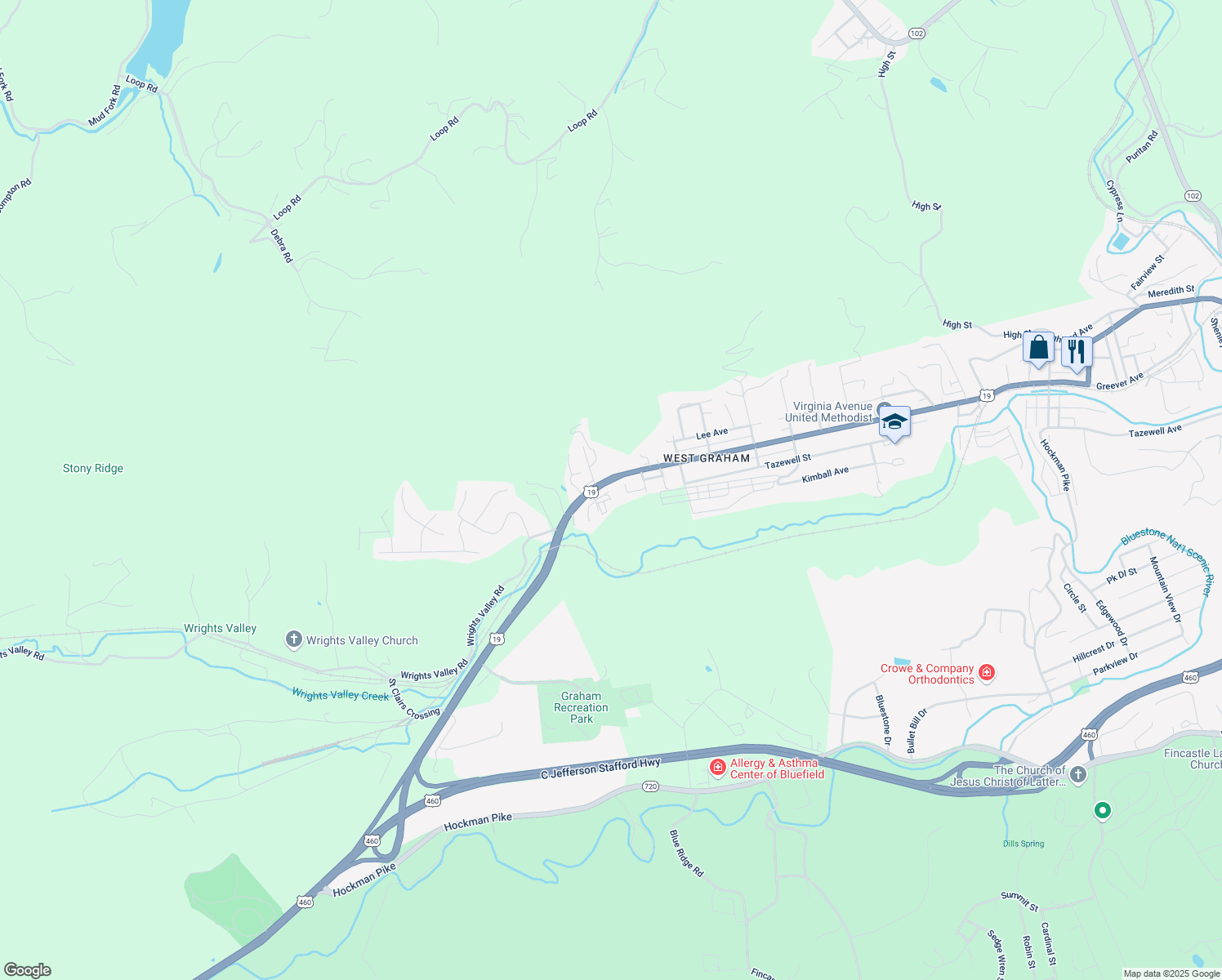map of restaurants, bars, coffee shops, grocery stores, and more near 164 Lovelane Street in Bluefield