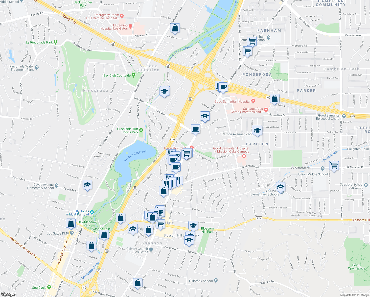 map of restaurants, bars, coffee shops, grocery stores, and more near 15299 Los Gatos Boulevard in Los Gatos