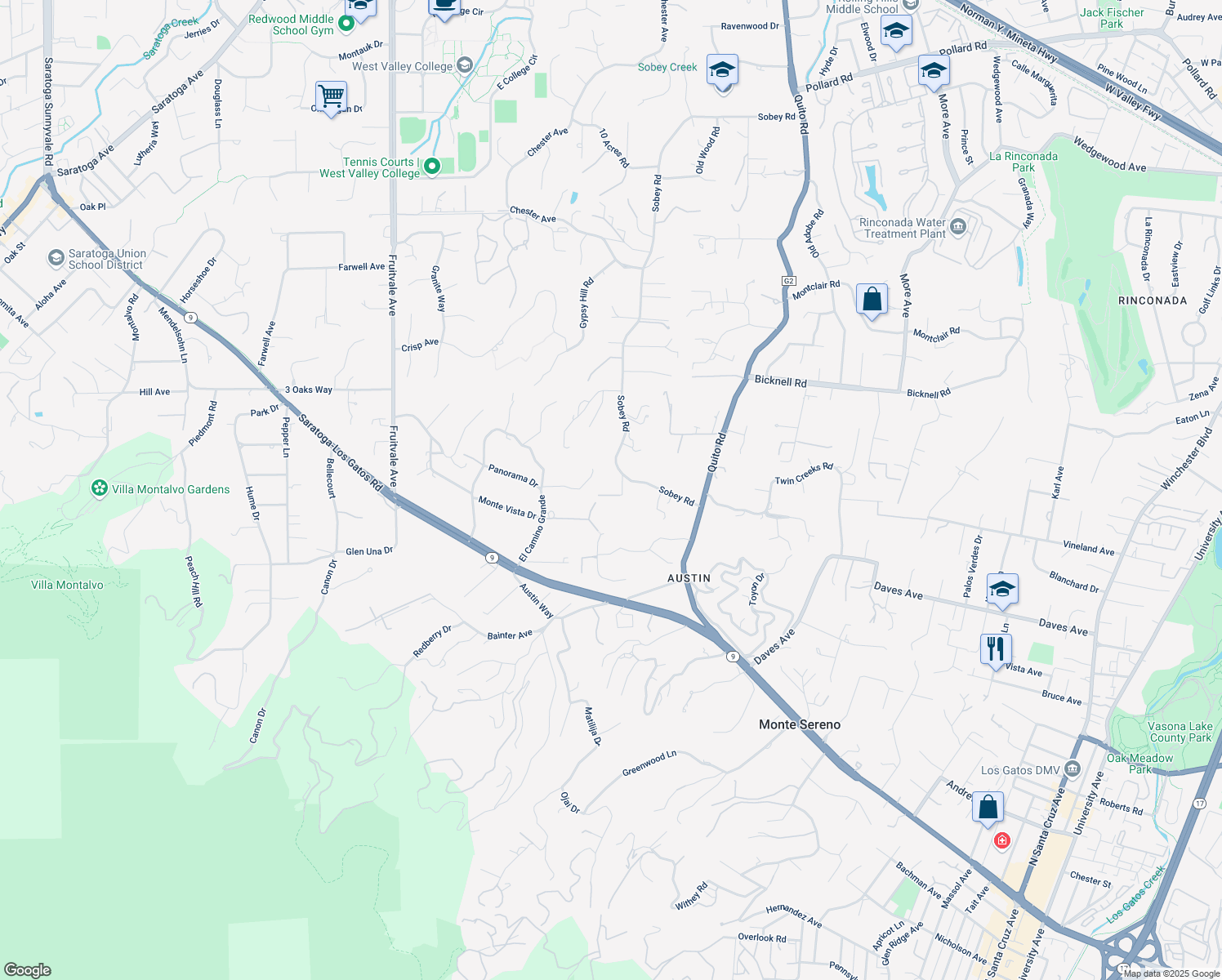 map of restaurants, bars, coffee shops, grocery stores, and more near 15215 Sobey Road in Saratoga
