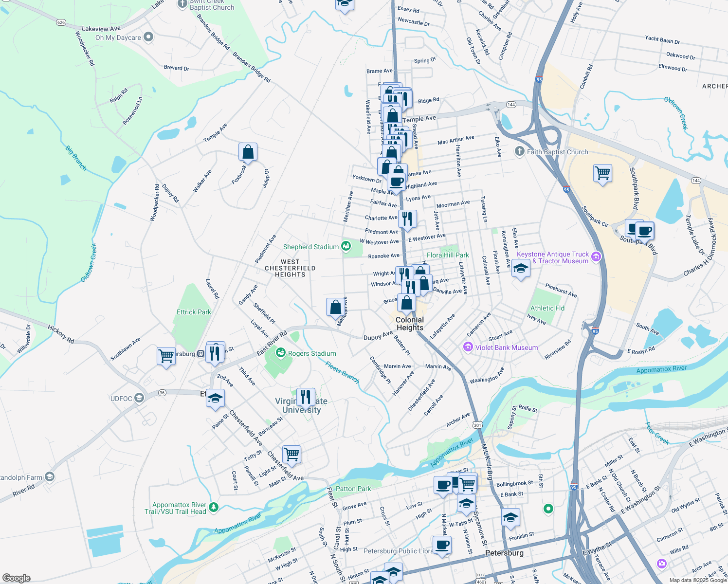 map of restaurants, bars, coffee shops, grocery stores, and more near 217 Plumtree Ave in Colonial Heights