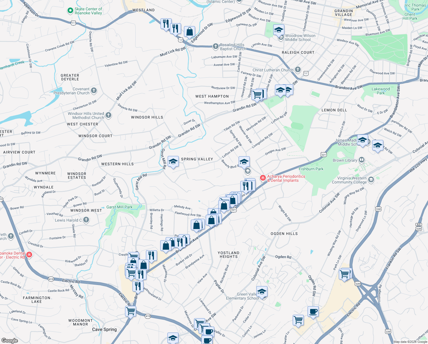 map of restaurants, bars, coffee shops, grocery stores, and more near 3006 Tamarack Trail in Roanoke