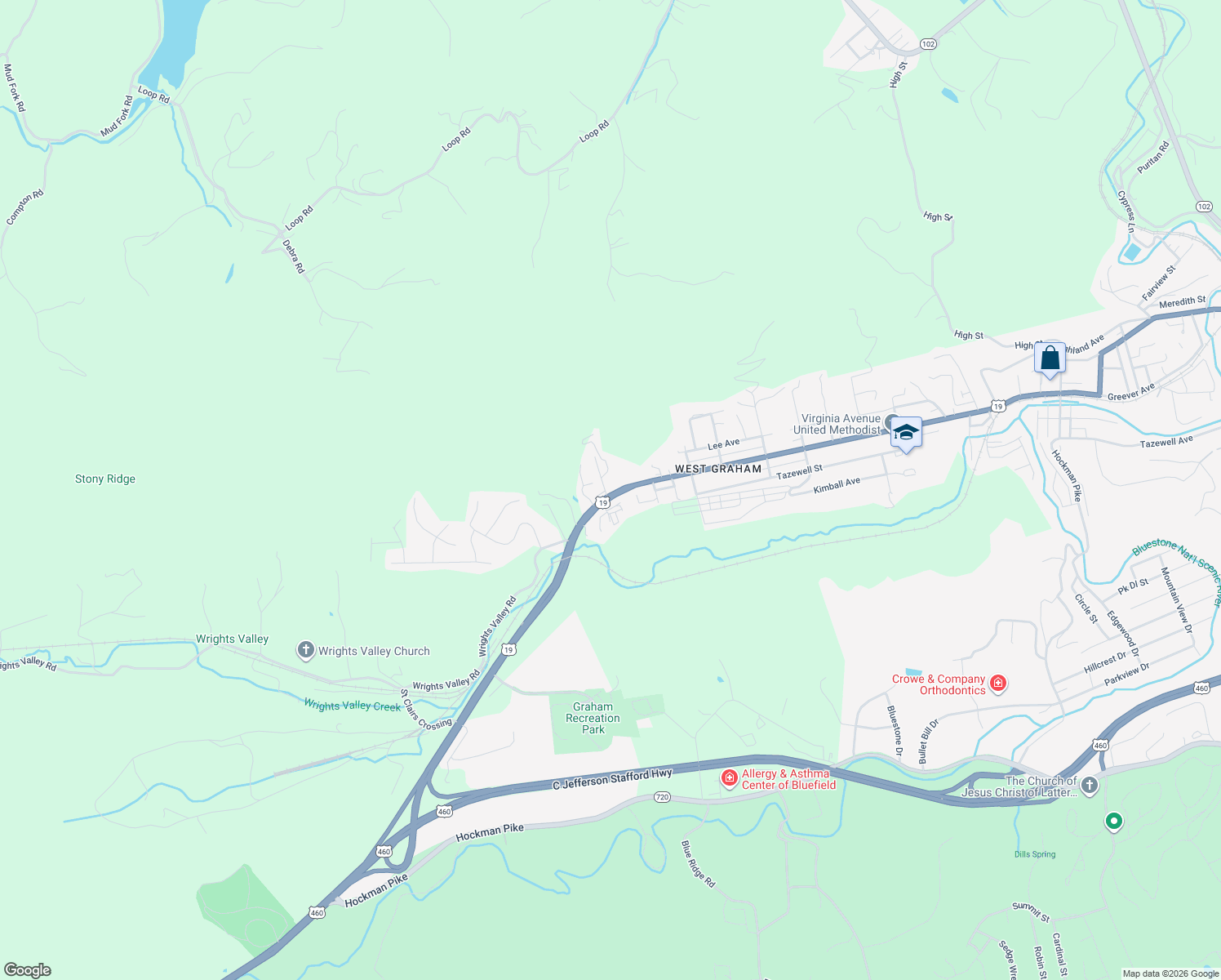 map of restaurants, bars, coffee shops, grocery stores, and more near 2292 Virginia Avenue in Bluefield