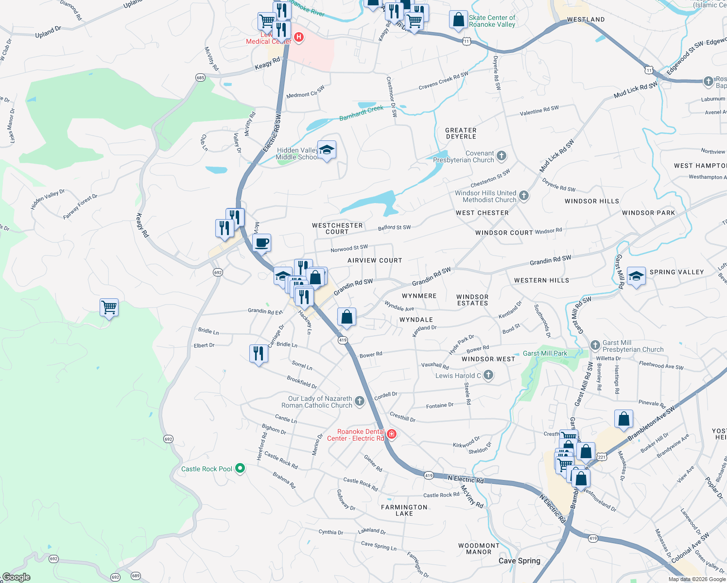 map of restaurants, bars, coffee shops, grocery stores, and more near 4700 Grandin Road Southwest in Roanoke