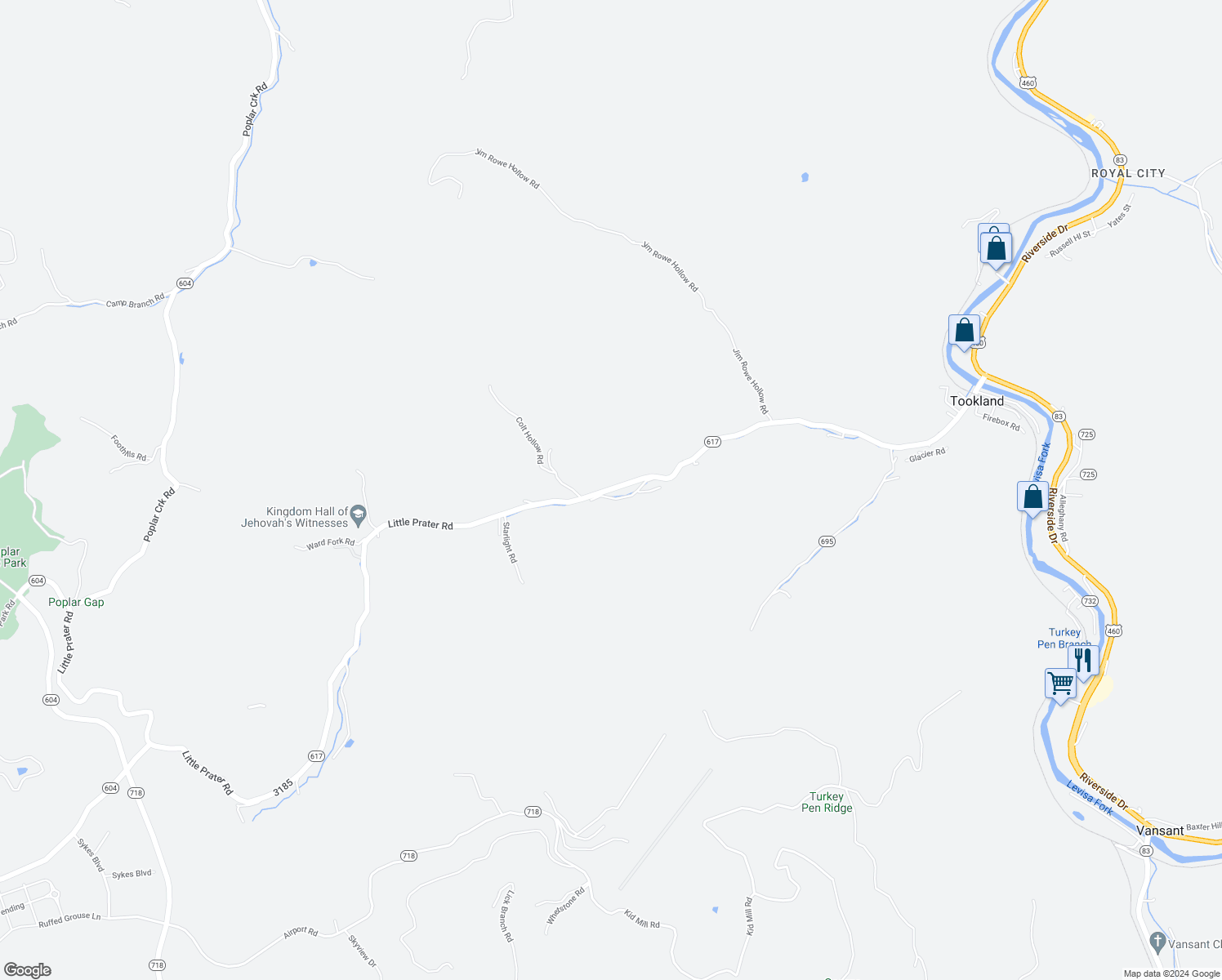 map of restaurants, bars, coffee shops, grocery stores, and more near Little Prater Road in Grundy
