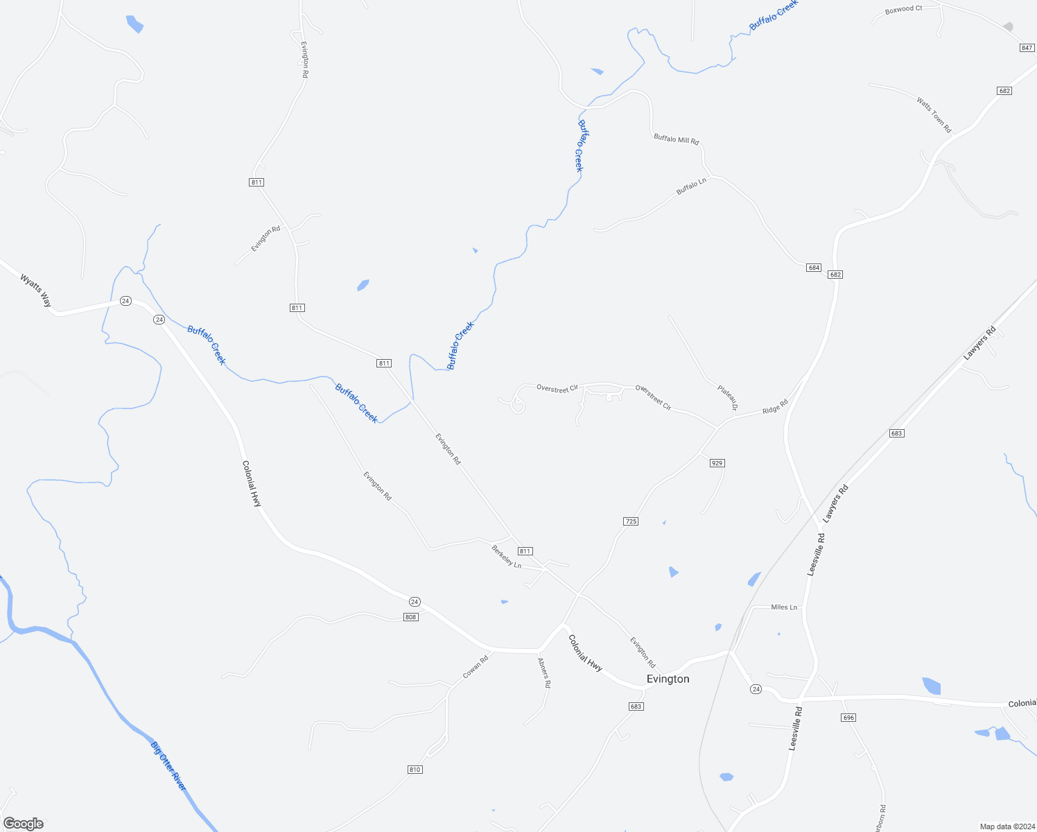 map of restaurants, bars, coffee shops, grocery stores, and more near 252 Overstreet Circle in Evington