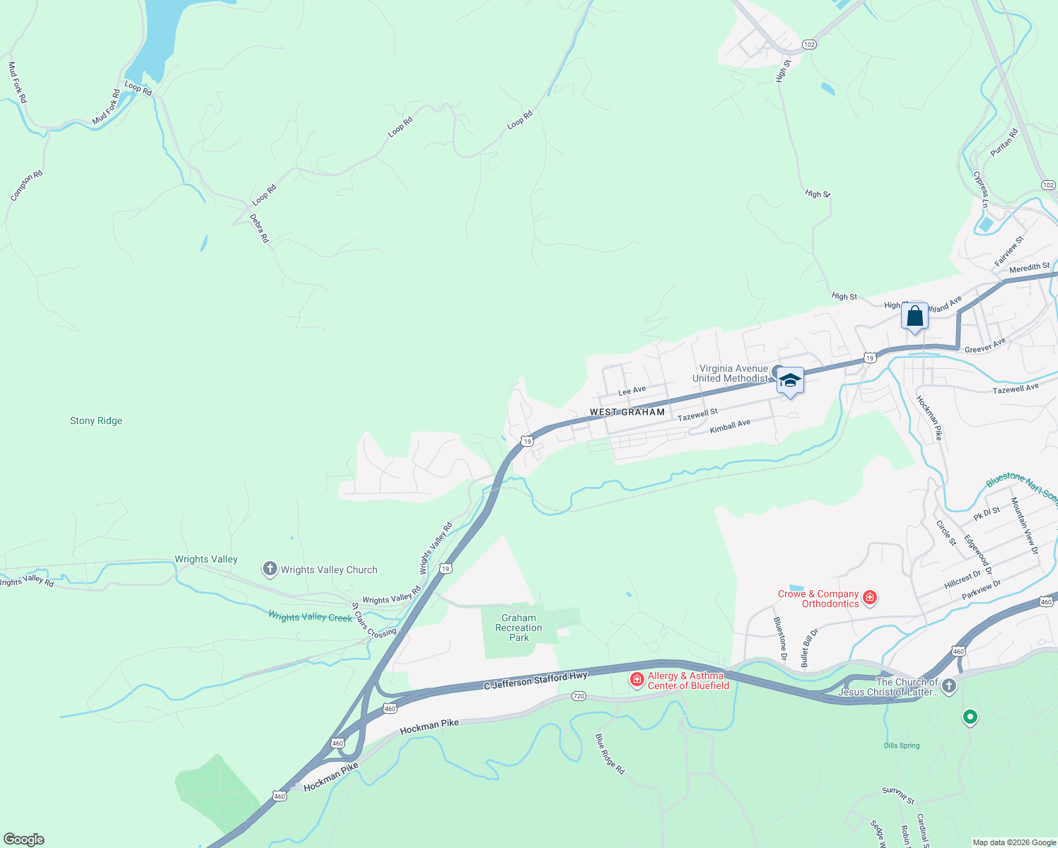 map of restaurants, bars, coffee shops, grocery stores, and more near 2292 Virginia Avenue in Bluefield
