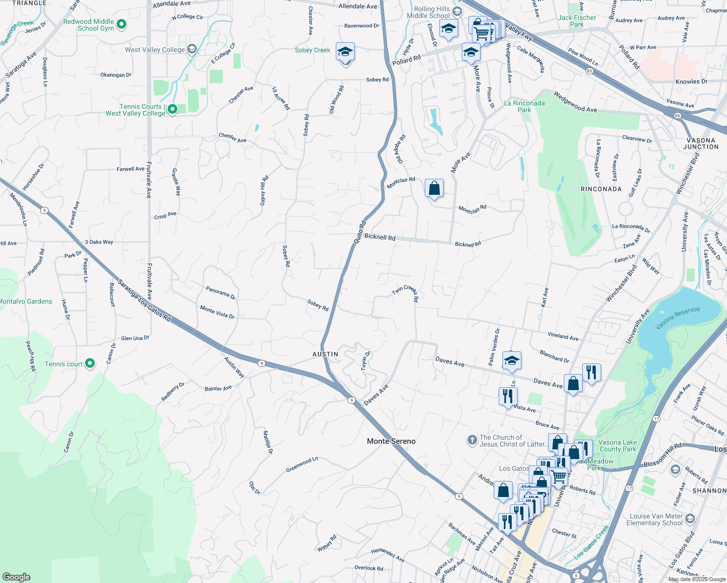 map of restaurants, bars, coffee shops, grocery stores, and more near 15292 Stratford Court in Monte Sereno