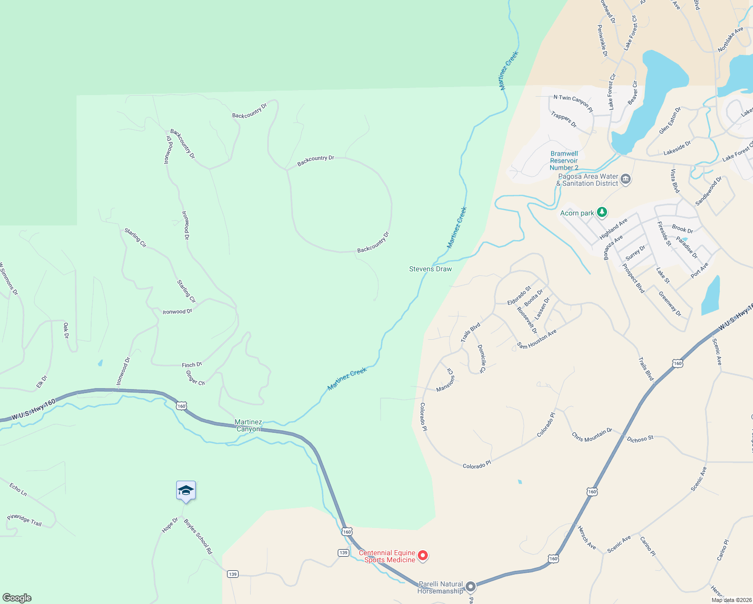 map of restaurants, bars, coffee shops, grocery stores, and more near 2180 Backcountry Drive in Pagosa Springs
