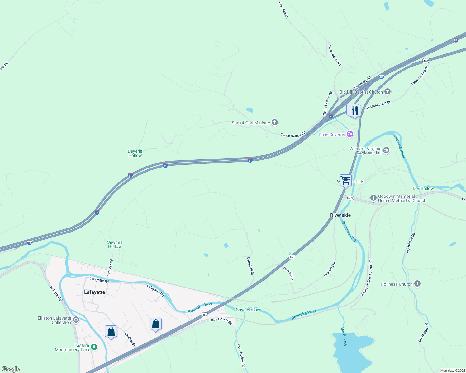 map of restaurants, bars, coffee shops, grocery stores, and more near 6927 Campbell Drive in Salem