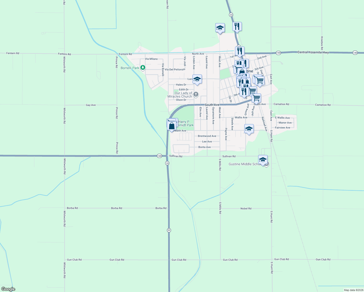 map of restaurants, bars, coffee shops, grocery stores, and more near 1460 Portsmouth Lane in Gustine