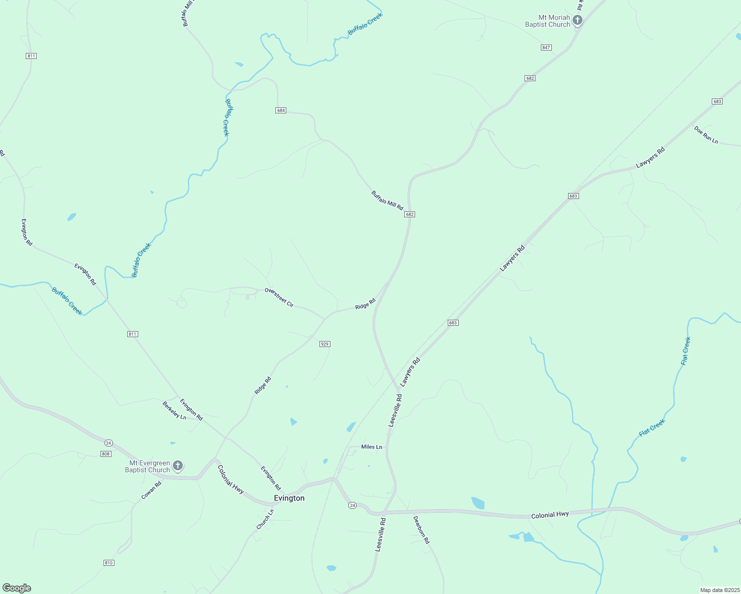 map of restaurants, bars, coffee shops, grocery stores, and more near 123 Ridge Rd in Evington