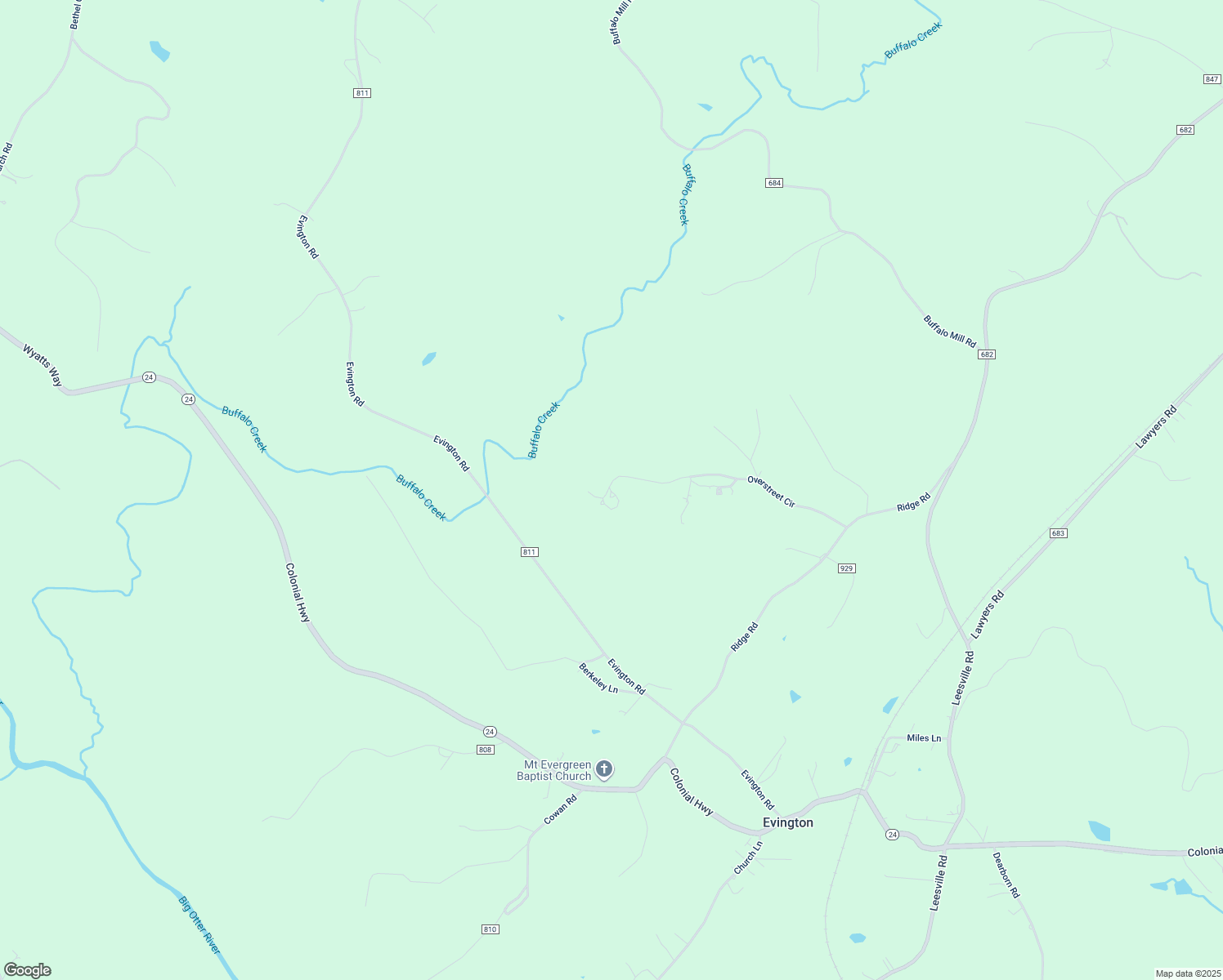 map of restaurants, bars, coffee shops, grocery stores, and more near 252 Overstreet Circle in Evington