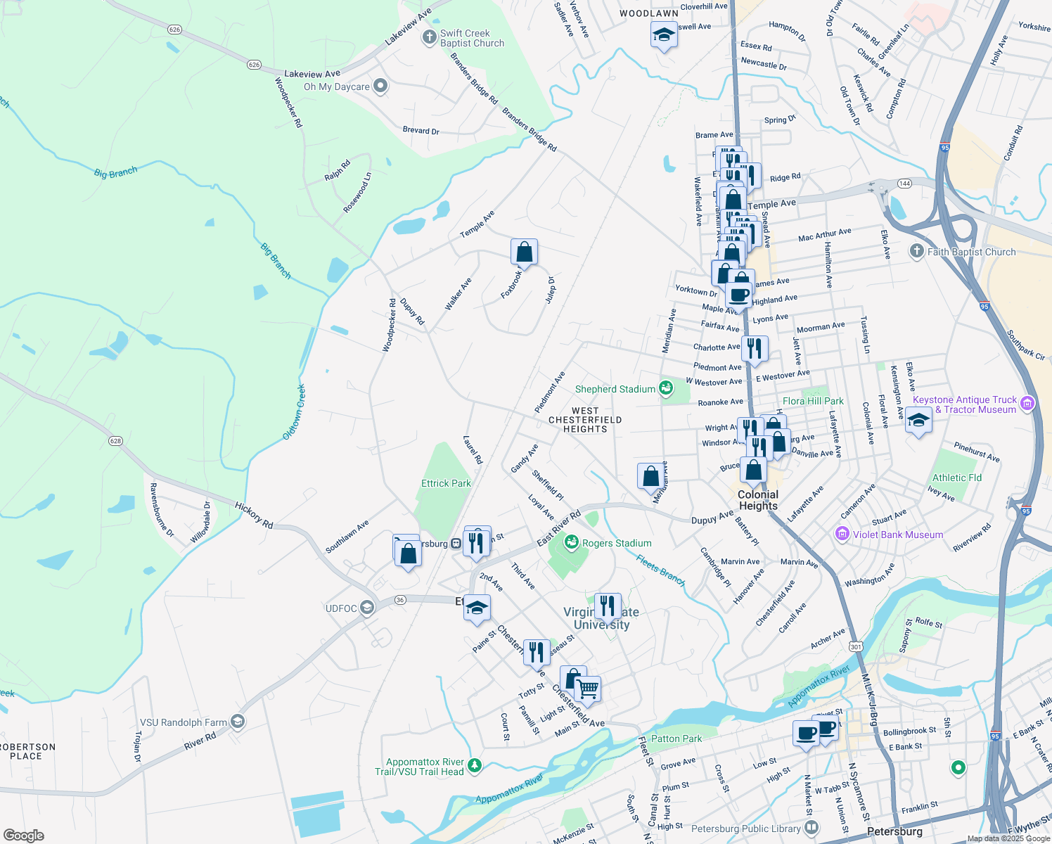 map of restaurants, bars, coffee shops, grocery stores, and more near 3419 Dupuy Road in Ettrick