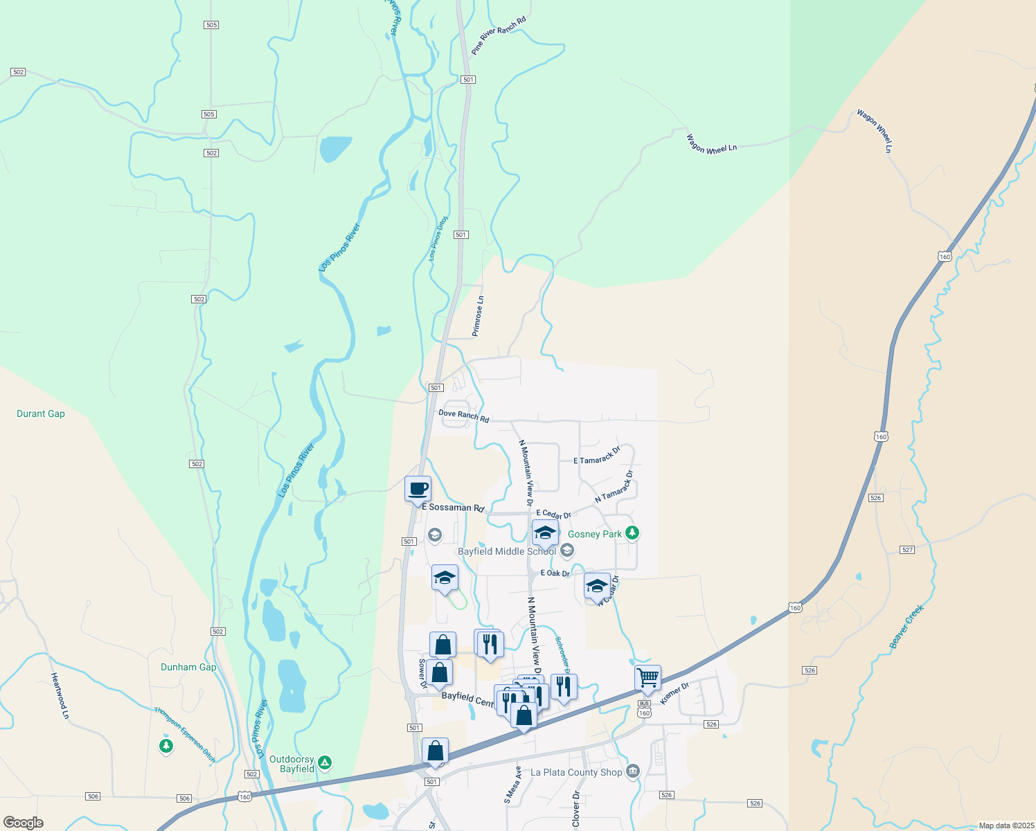 map of restaurants, bars, coffee shops, grocery stores, and more near 503 Dove Ranch Rd in Bayfield
