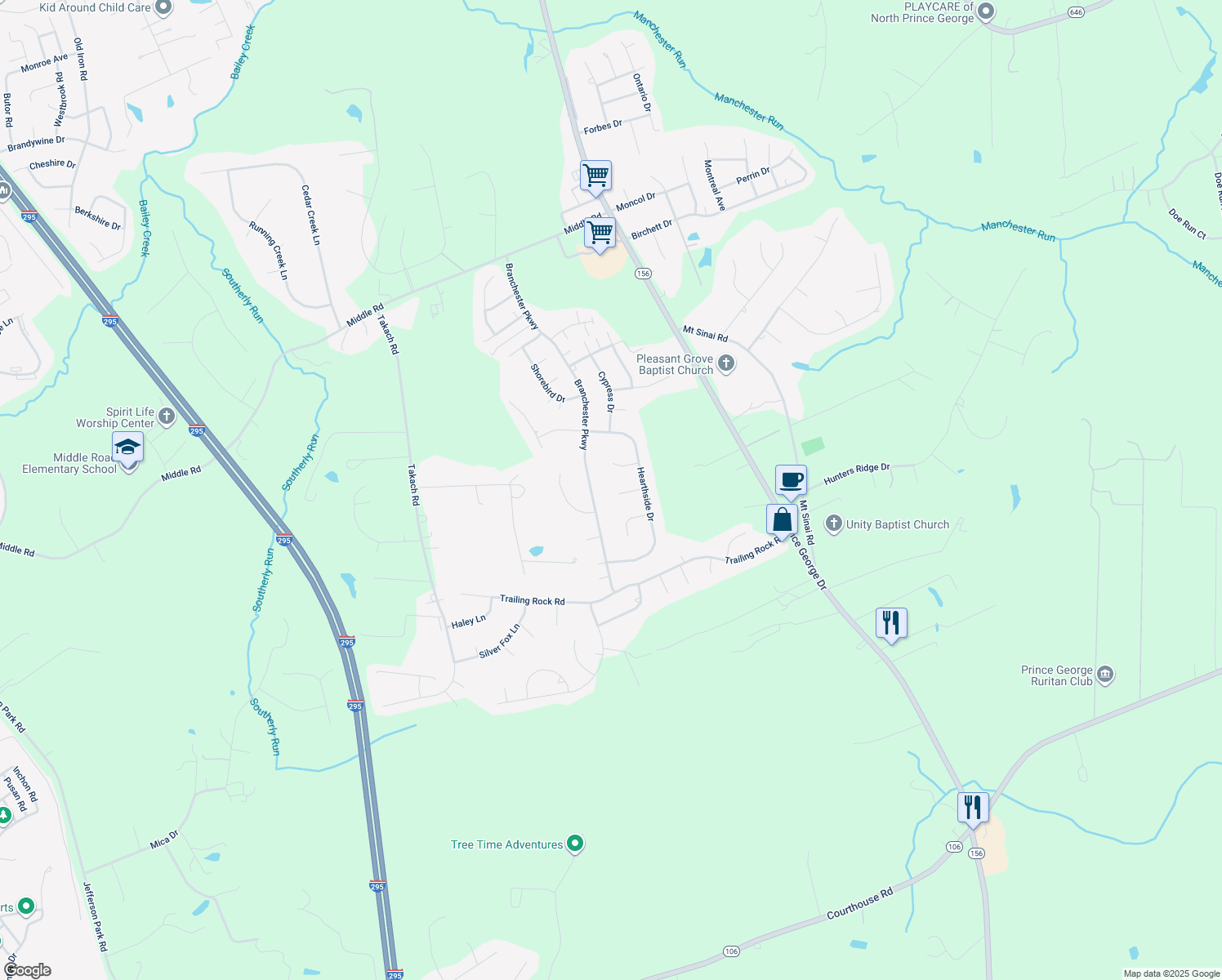 map of restaurants, bars, coffee shops, grocery stores, and more near 7032 Maple Leaf Lane in Prince George