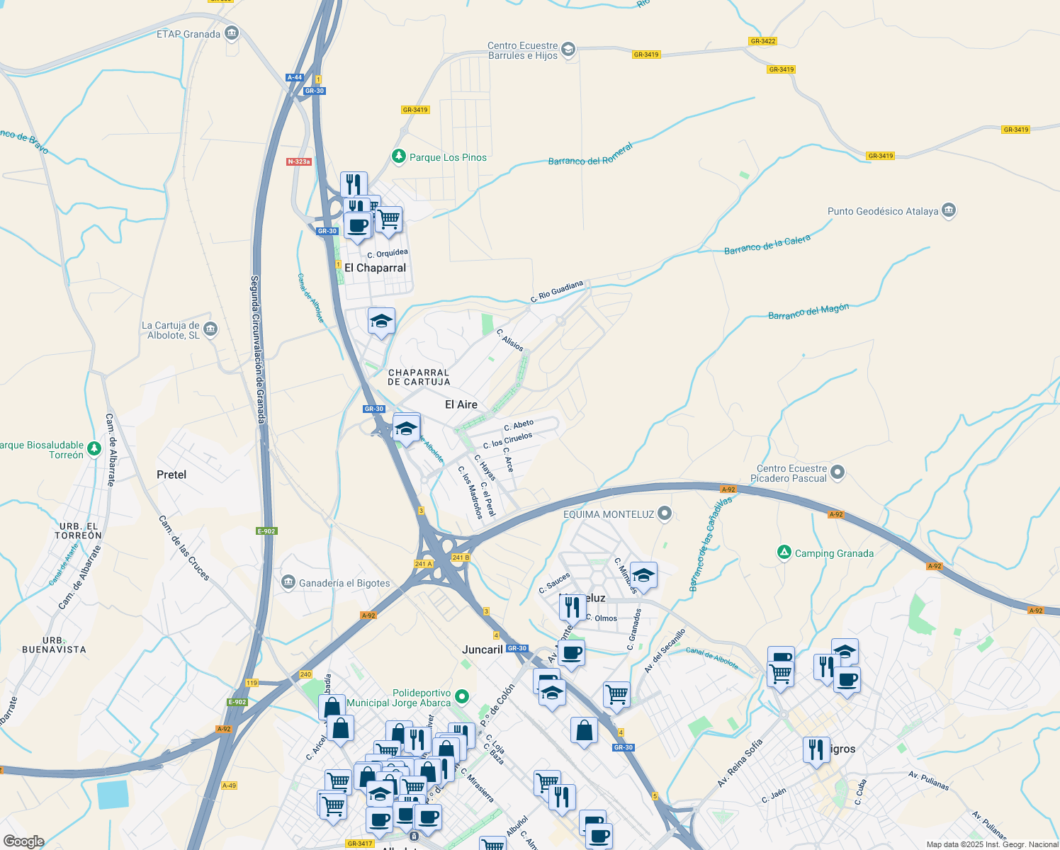 map of restaurants, bars, coffee shops, grocery stores, and more near 38 Calle Abeto in Albolote