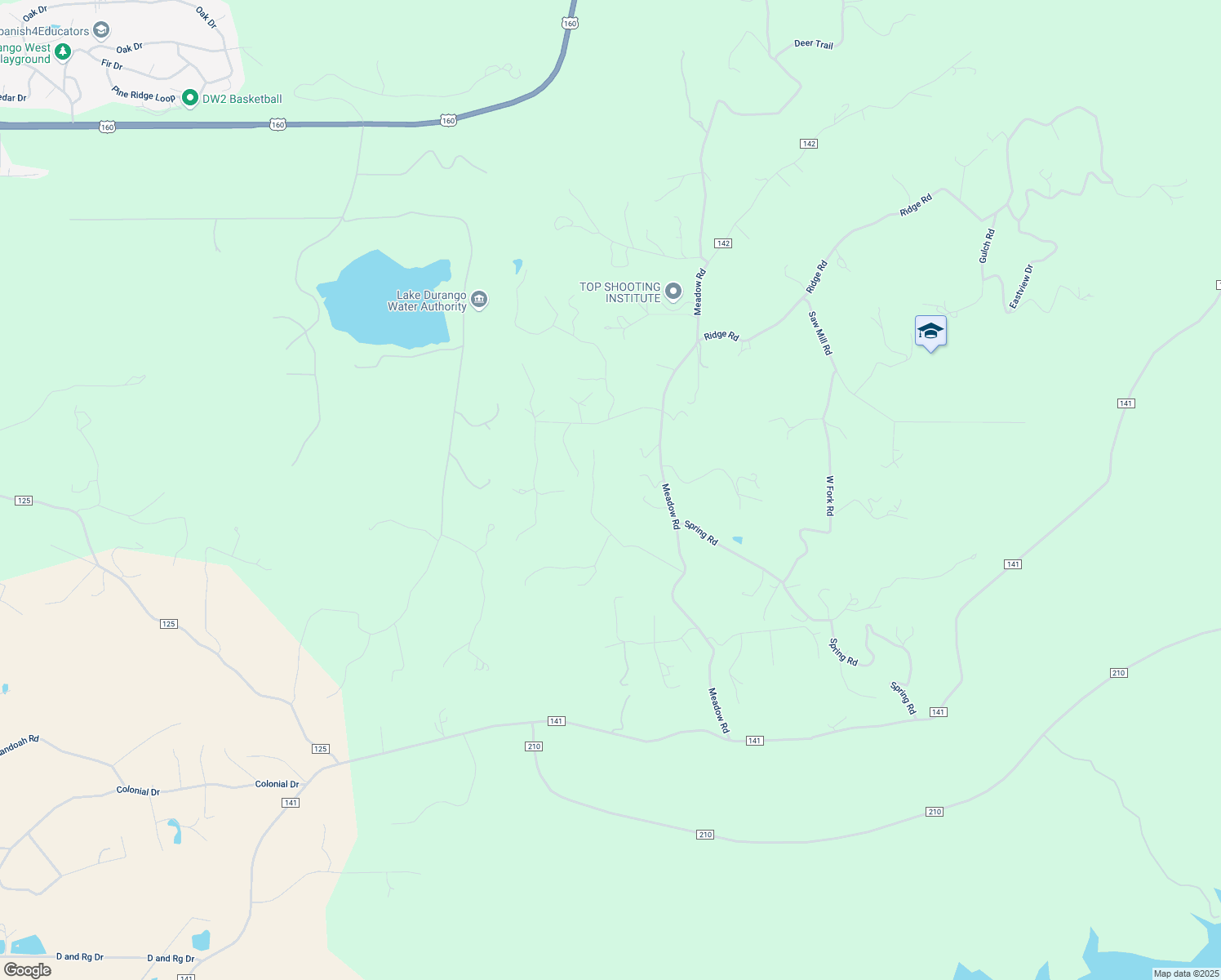 map of restaurants, bars, coffee shops, grocery stores, and more near 51 Lower Road in Durango