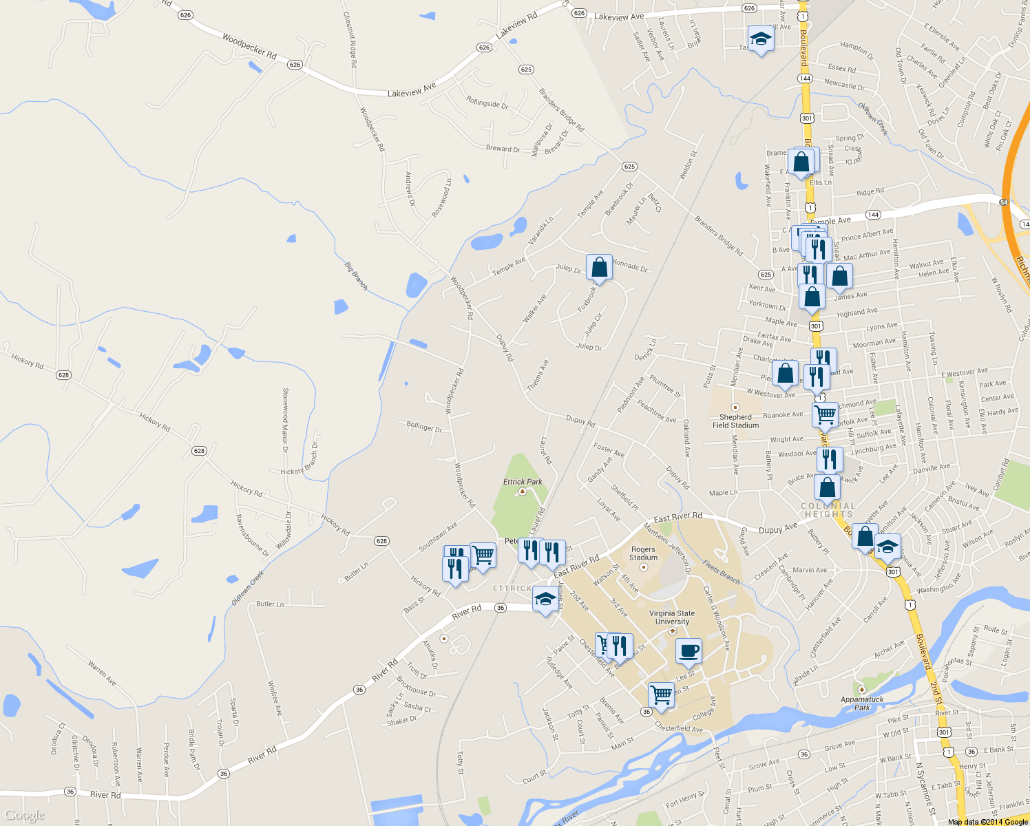 map of restaurants, bars, coffee shops, grocery stores, and more near 3801 Dupuy Road in Petersburg